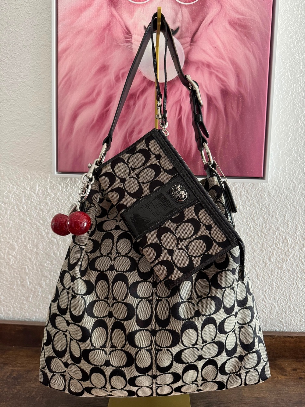 Coach Black and Tan Signature Canvas Hobo with Cherry Charm